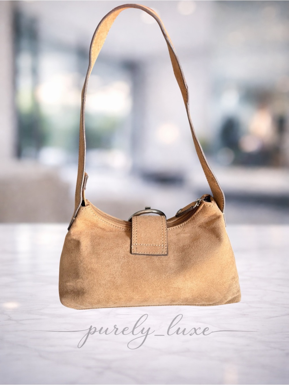 Suede Shoulder Bag in Tan with Buckle Detail - Picture 3 of 4